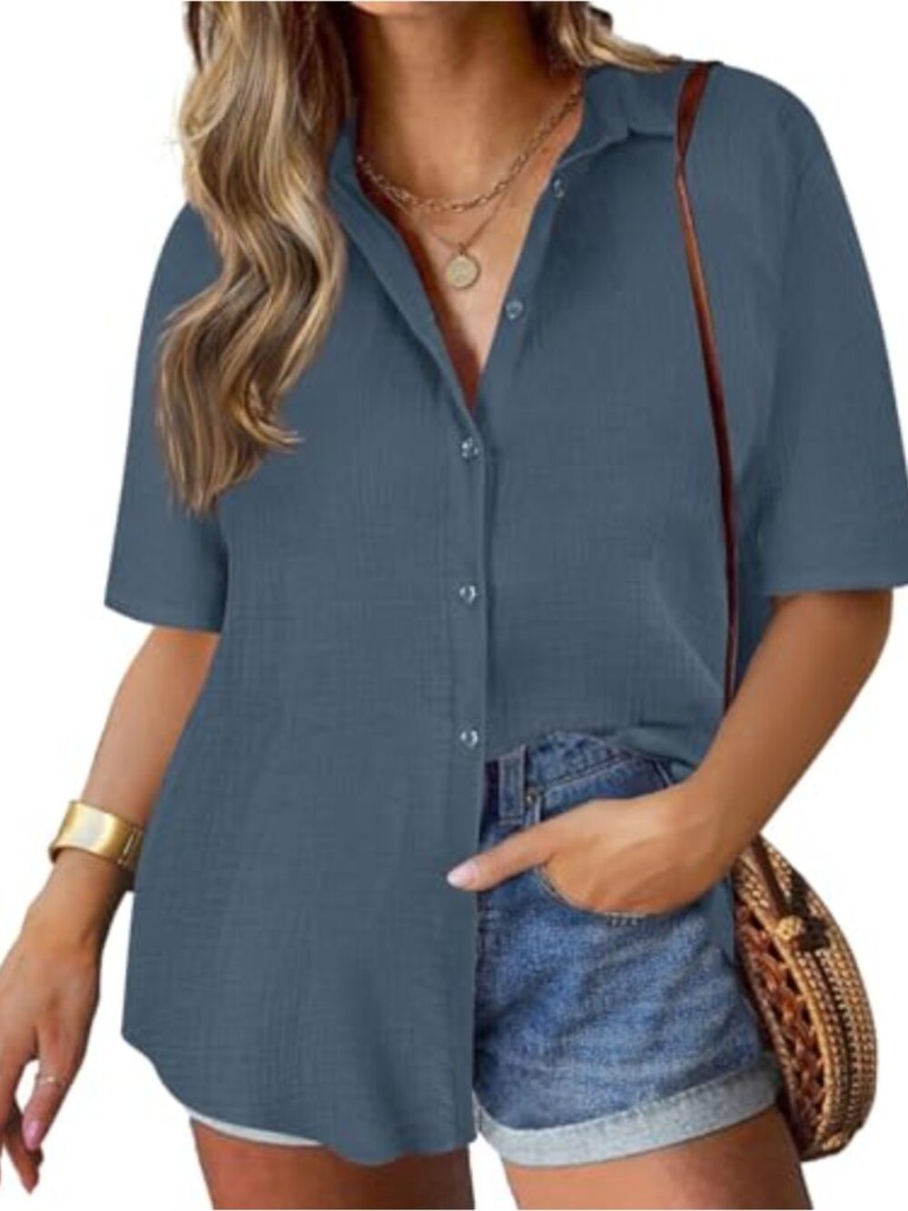 Plus Size Women's Polyester Button Down Short Sleeve Blouse